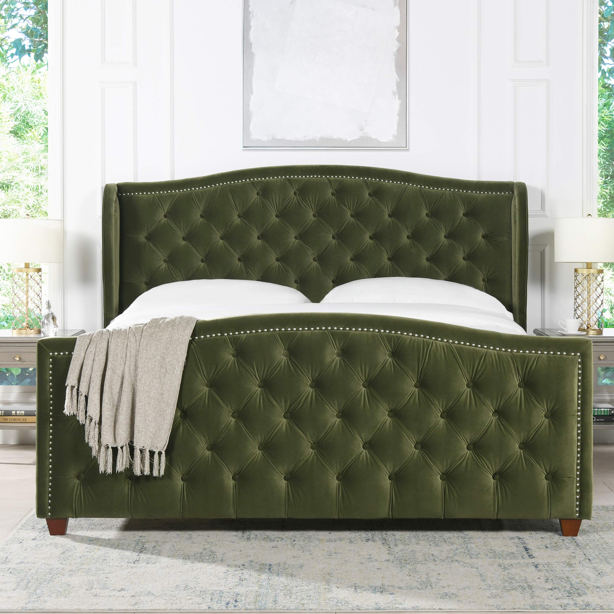 【Furniture】Marcella Platform, King, Olive Green Performance Velvet